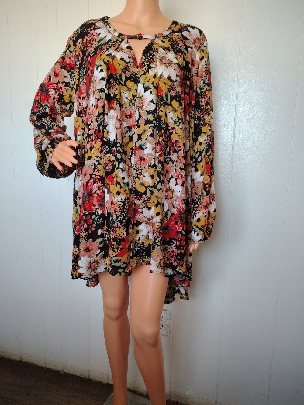 JODIFL Black Floral Keyhole Mini Dress with Red & Yellow Accents